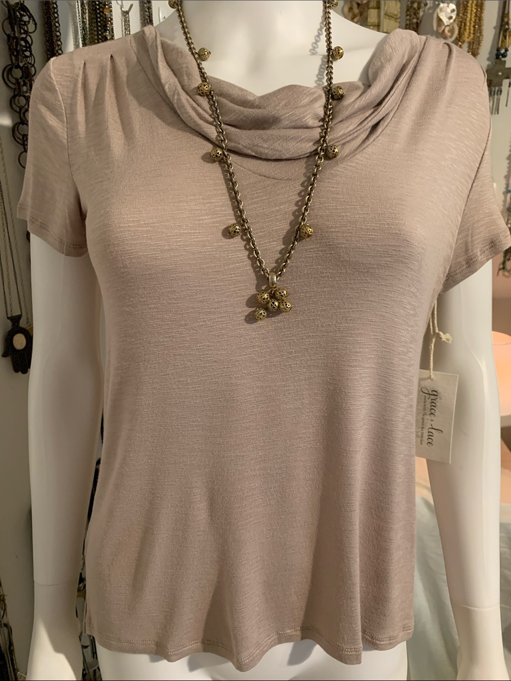 Grace & Lace Blush Cowl Neck Short Sleeve Top with necklace
